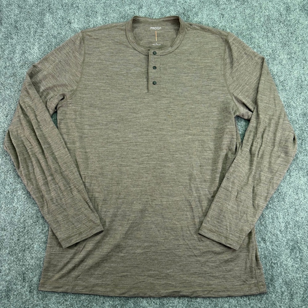 Proof Shirt Mens Large Heather Henley 72 Hour Merino Wool Long Sleeve Stretch